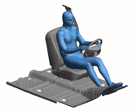 A computer model of a crash test dummy in a car seat
