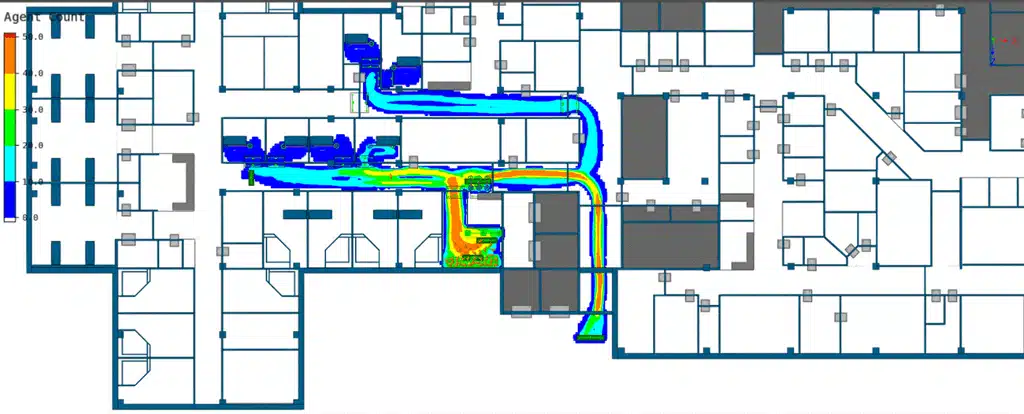 Proposed layout of a new NHS hospital Emergency Department used as the basis for Oasys MassMotion modelling of patient movement and agent concentration patterns